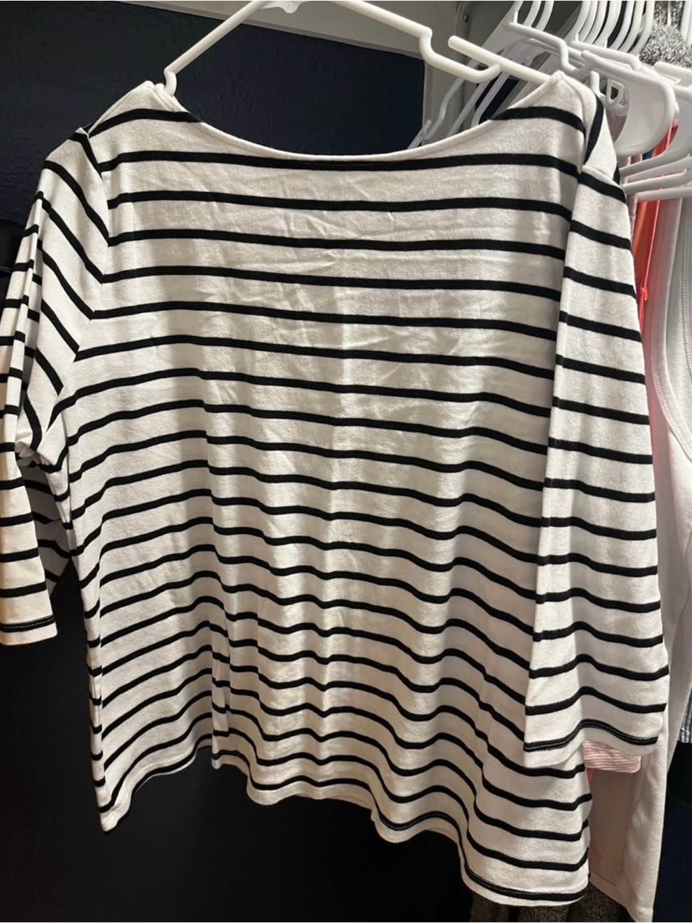 Women's Black & White Striped Boatneck 3/4 Length Sleeve Top